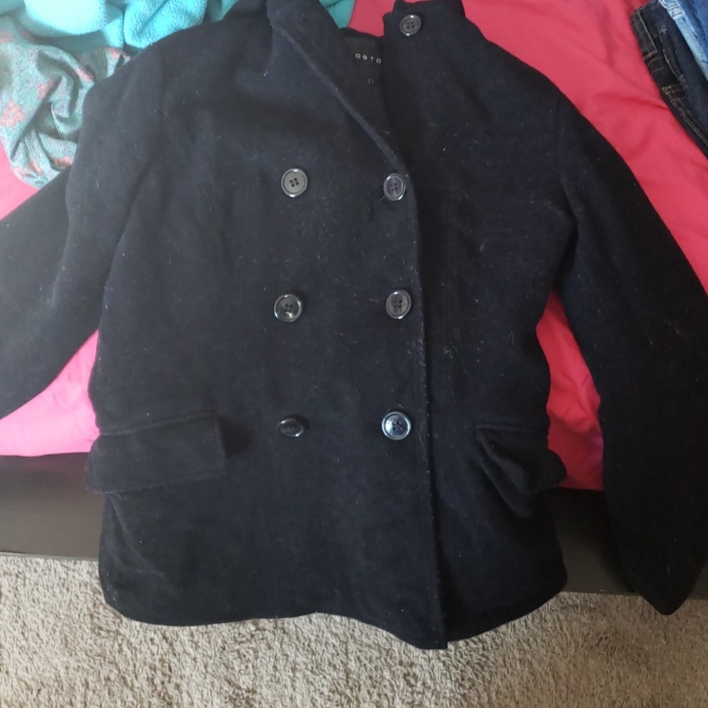 Used womens black hooded peacoat